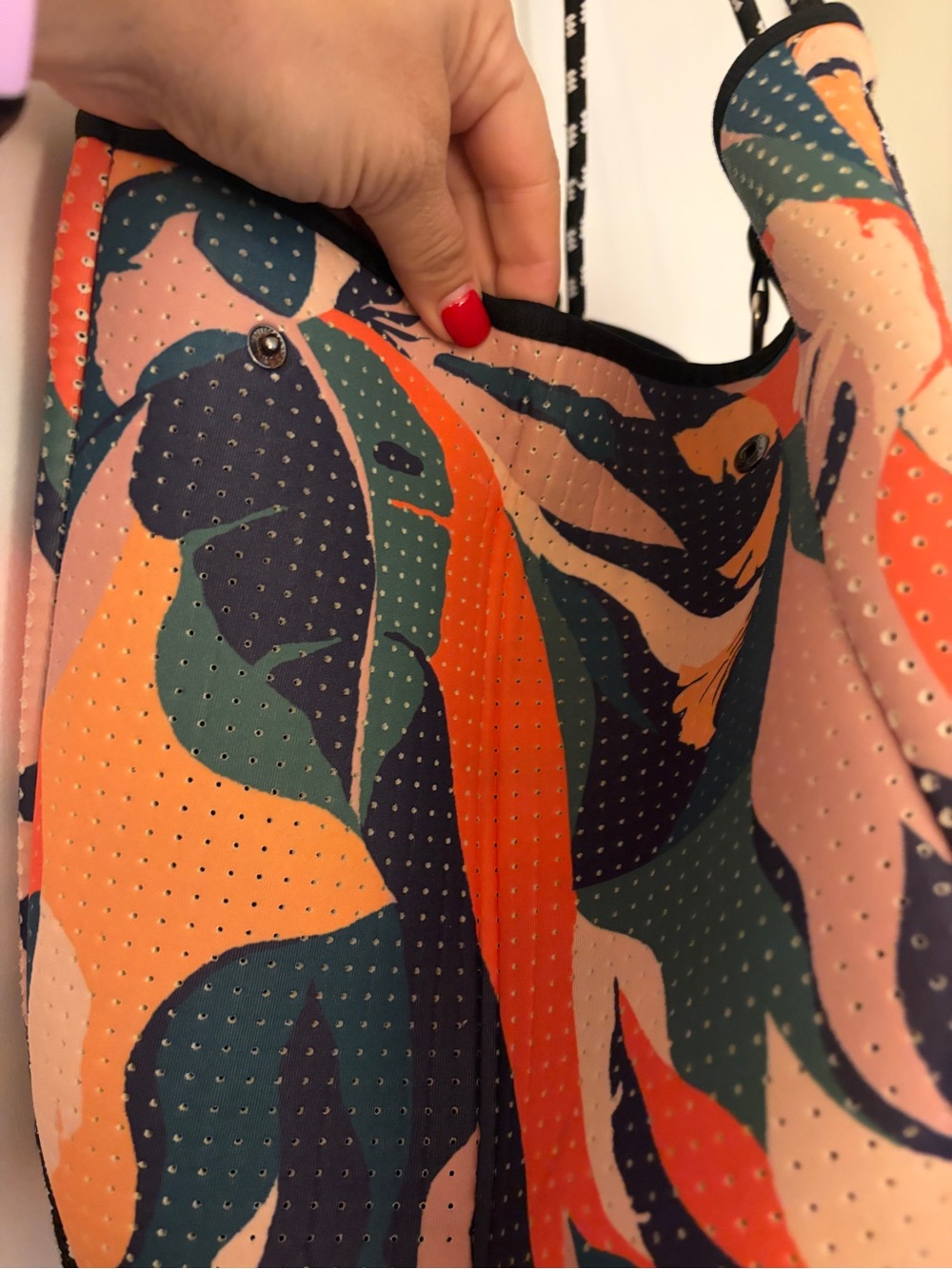 Neoprene Floral Print Tote in Orange, Teal & Navy - Picture 4 of 7